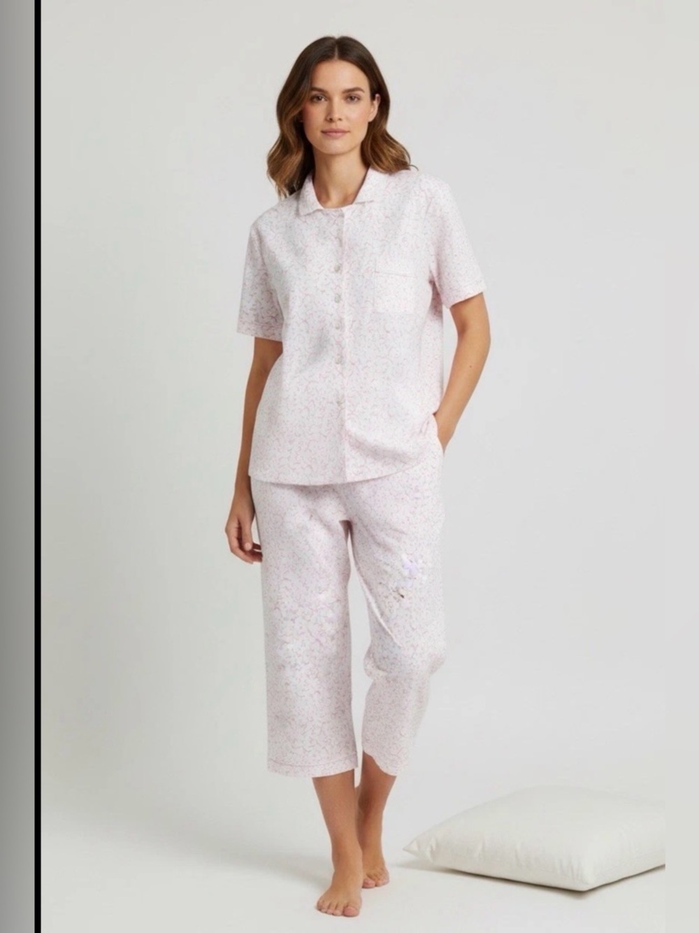 Eileen West Pajama Set Women's Size Medium White Pink Floral Lace Trim Cotton